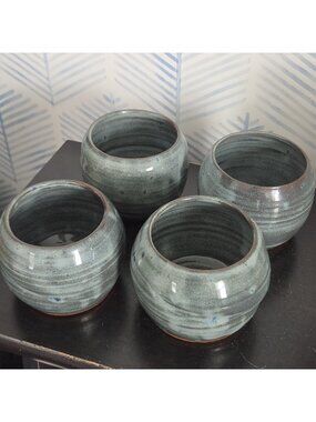 Page NC Pottery Handmade Blue Stemless Wine Glass Drinking Whisky Cup Set Of 4